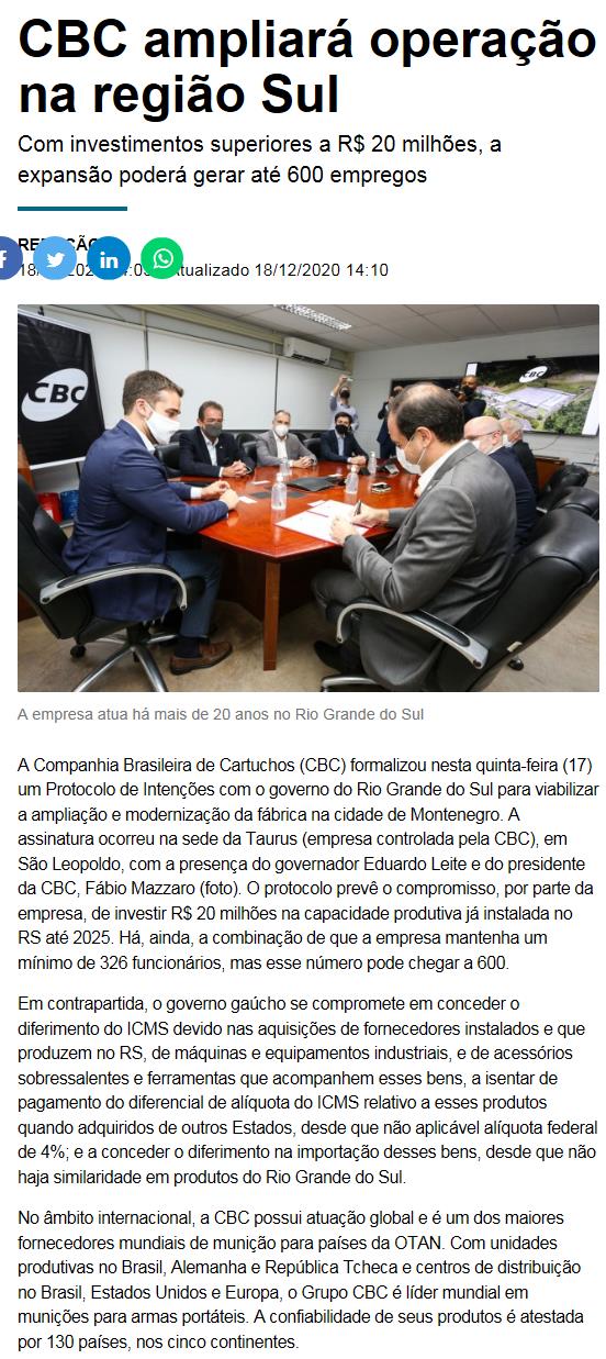 CBC AMPLIARá OPERAçãO NA REGIãO SUL