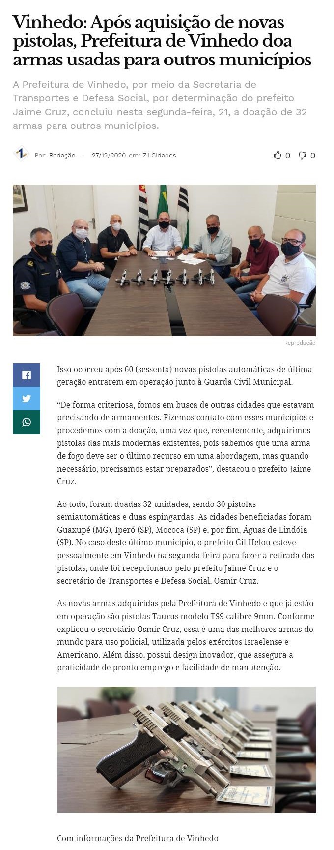 VINHEDO: APóS AQUISIçãO DE NOVAS PISTOLAS, PREFEITURA DE VINHEDO DOA ARMAS USADAS PARA OUTROS MUNICíPIOS