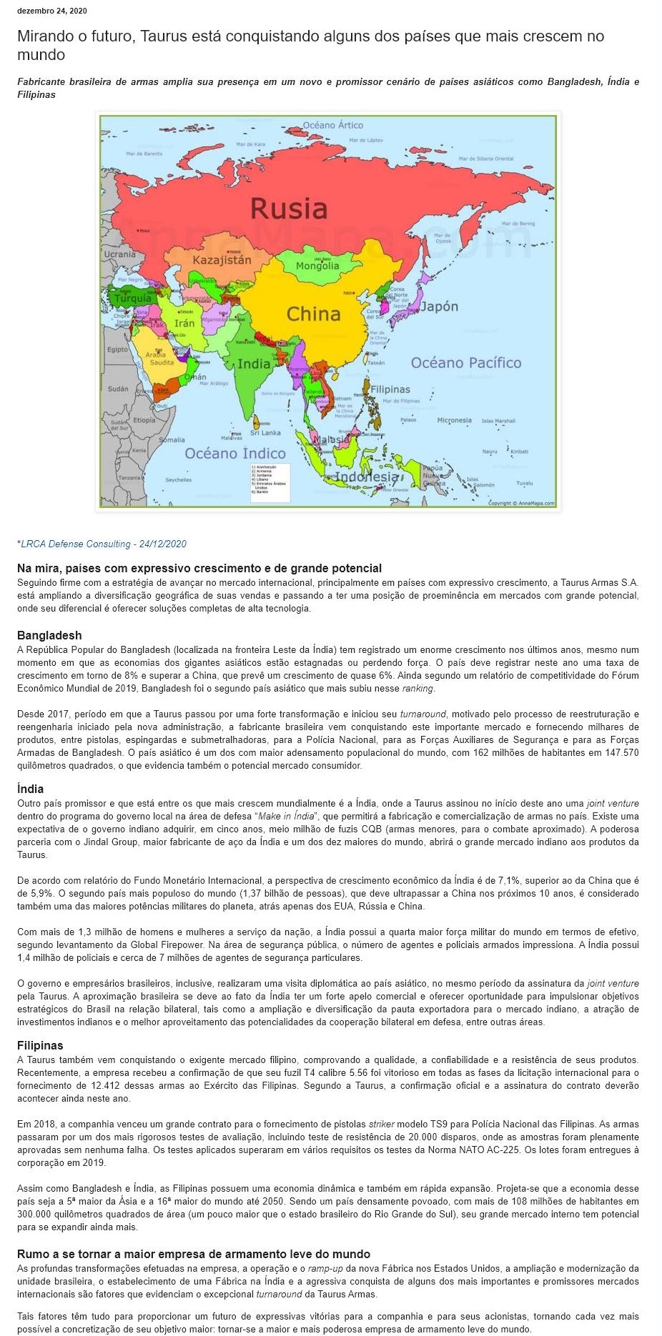 MIRANDO O FUTURO, TAURUS ESTá CONQUISTANDO ALGUNS DOS PAíSES QUE MAIS CRESCEM NO MUNDO