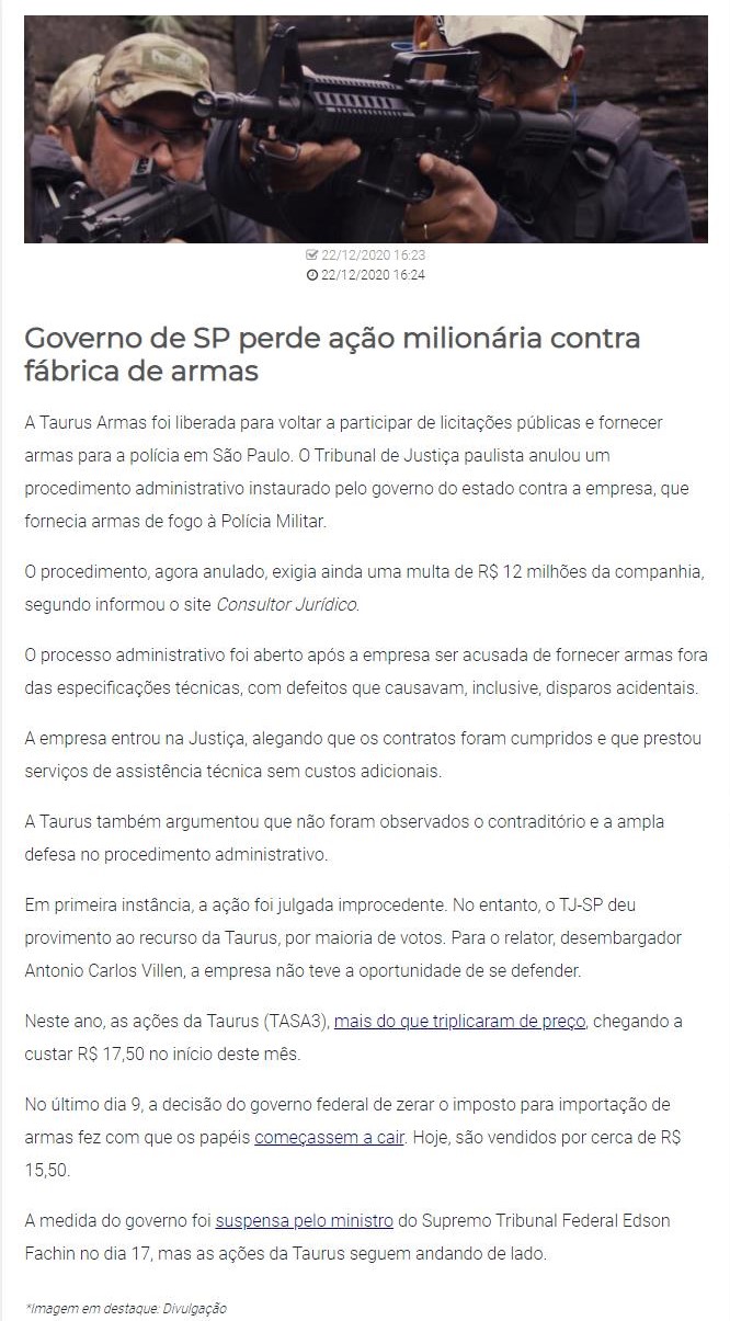 GOVERNO DE SP PERDE AçãO MILIONáRIA CONTRA FáBRICA DE ARMAS