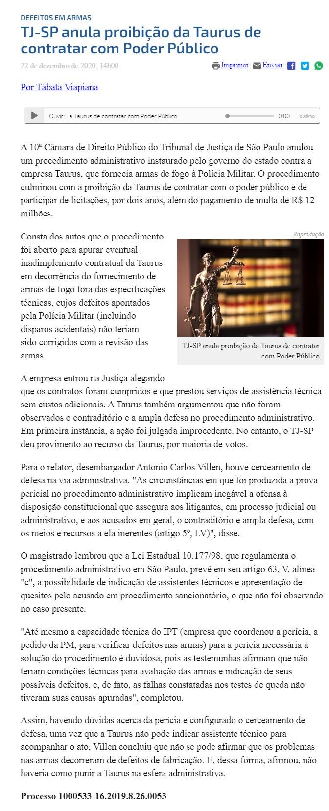 TJ-SP ANULA PROIBIçãO DA TAURUS DE CONTRATAR COM PODER PúBLICO