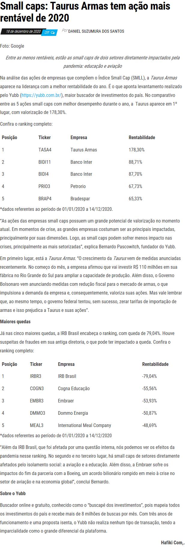 SMALL CAPS: TAURUS ARMAS TEM AçãO MAIS RENTáVEL DE 2020