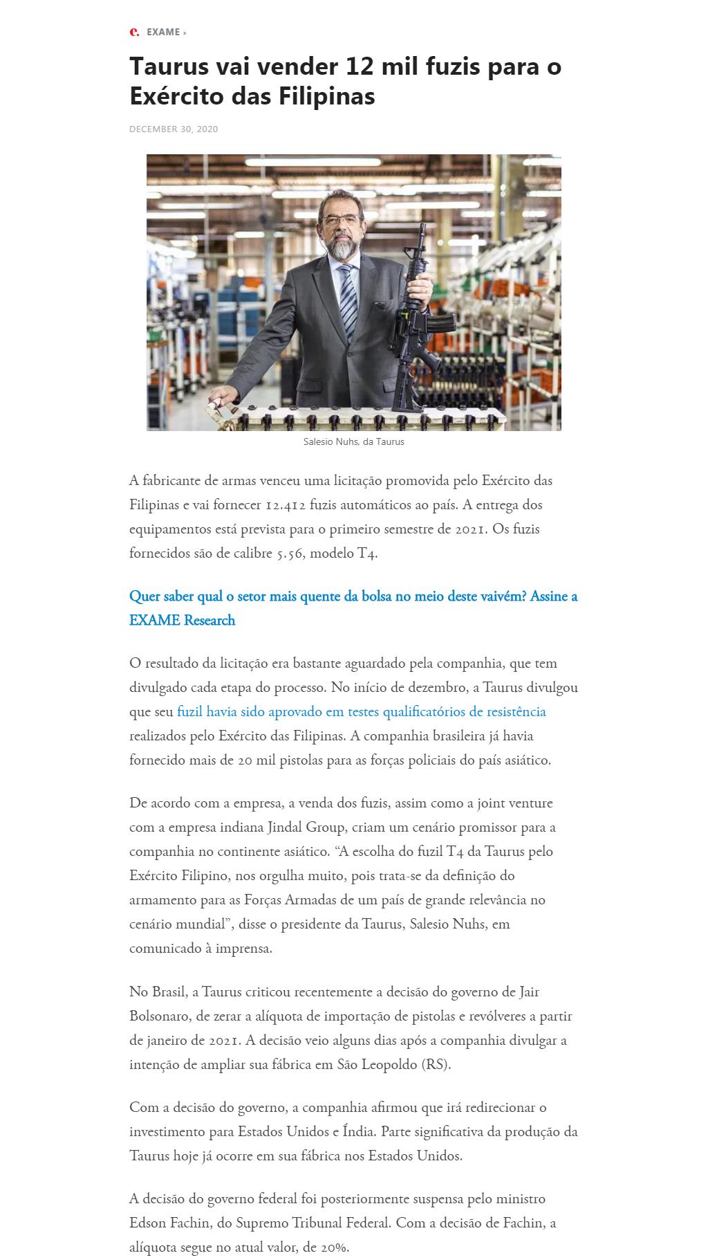 TAURUS VAI VENDER 12 MIL FUZIS PARA O EXéRCITO DAS FILIPINAS
