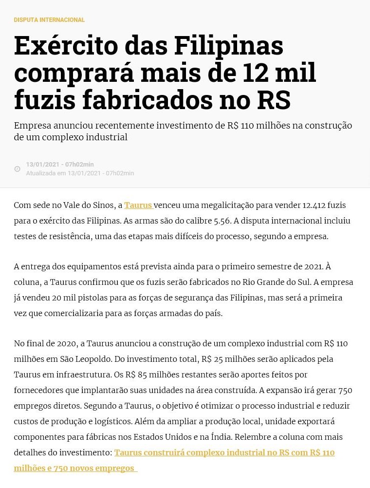 EXéRCITO DAS FILIPINAS COMPRARá MAIS DE 12 MIL FUZIS FABRICADOS NO RS