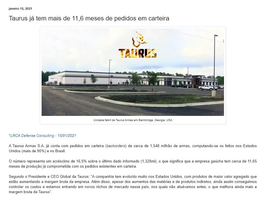 TAURUS Já TEM MAIS DE 11,6 MESES DE PEDIDOS EM CARTEIRA