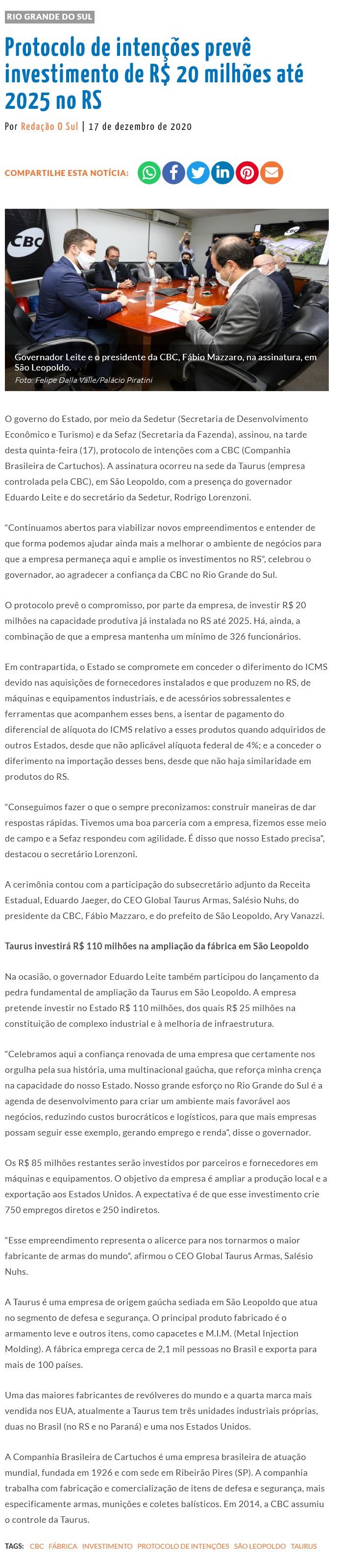 PROTOCOLO DE INTENçõES PREVê INVESTIMENTO DE R$ 20 MILHõES ATé 2025 NO RS