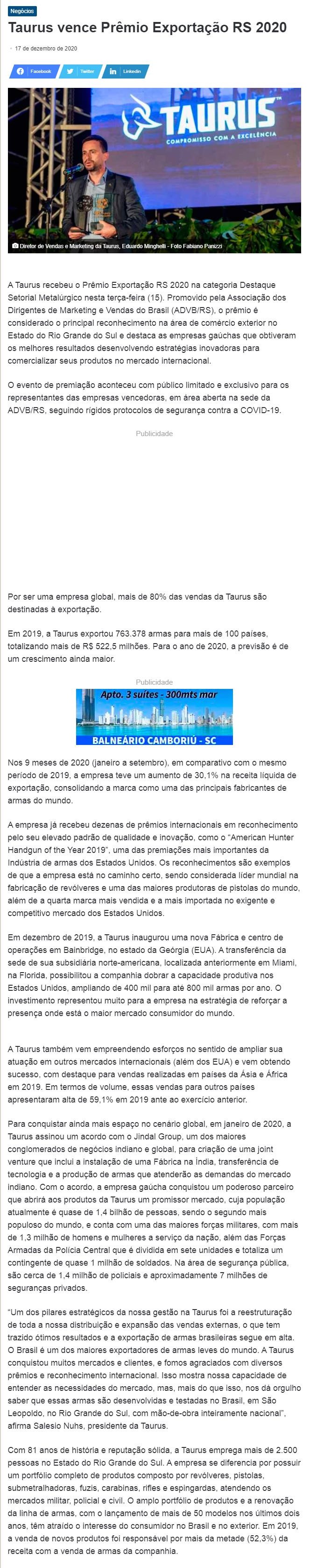 TAURUS VENCE PRêMIO EXPORTAçãO RS 2020