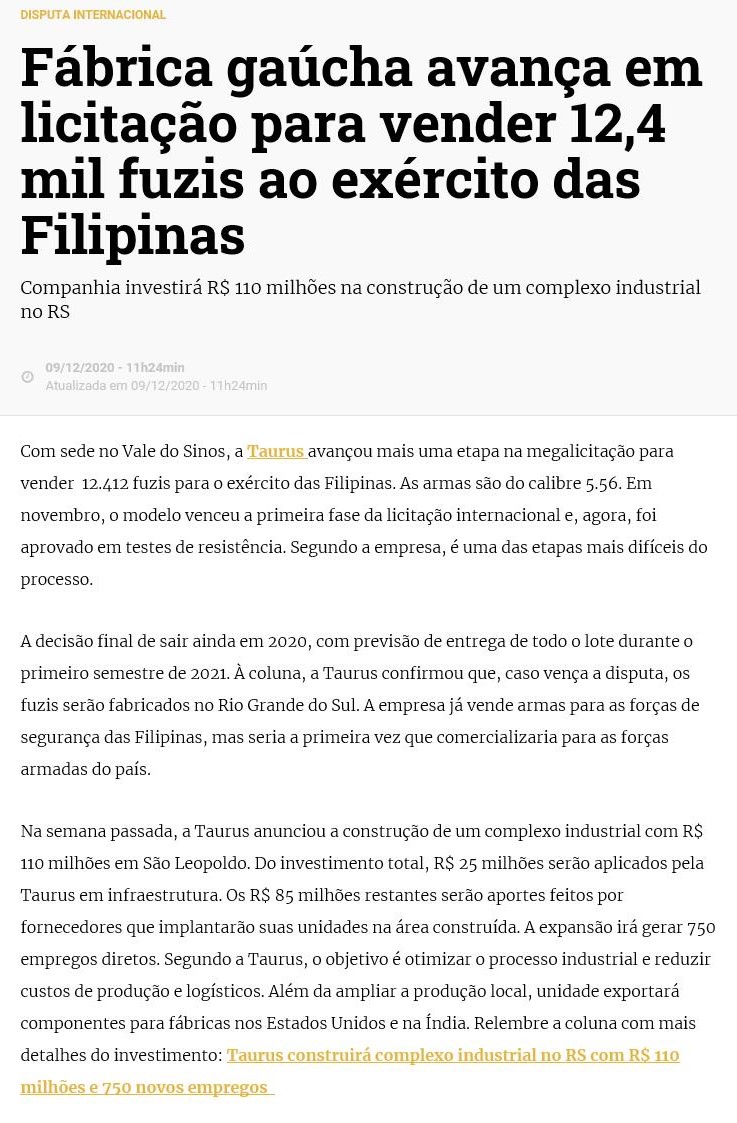 FáBRICA GAúCHA AVANçA EM LICITAçãO PARA VENDER 12,4 MIL FUZIS AO EXéRCITO DAS FILIPINAS