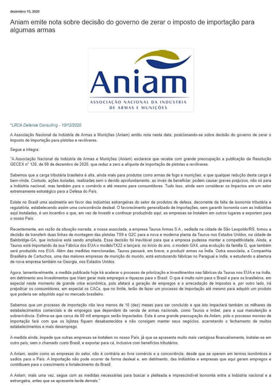 ANIAM EMITE NOTA SOBRE DECISãO DO GOVERNO DE ZERAR O IMPOSTO DE IMPORTAçãO PARA ALGUMAS ARMAS