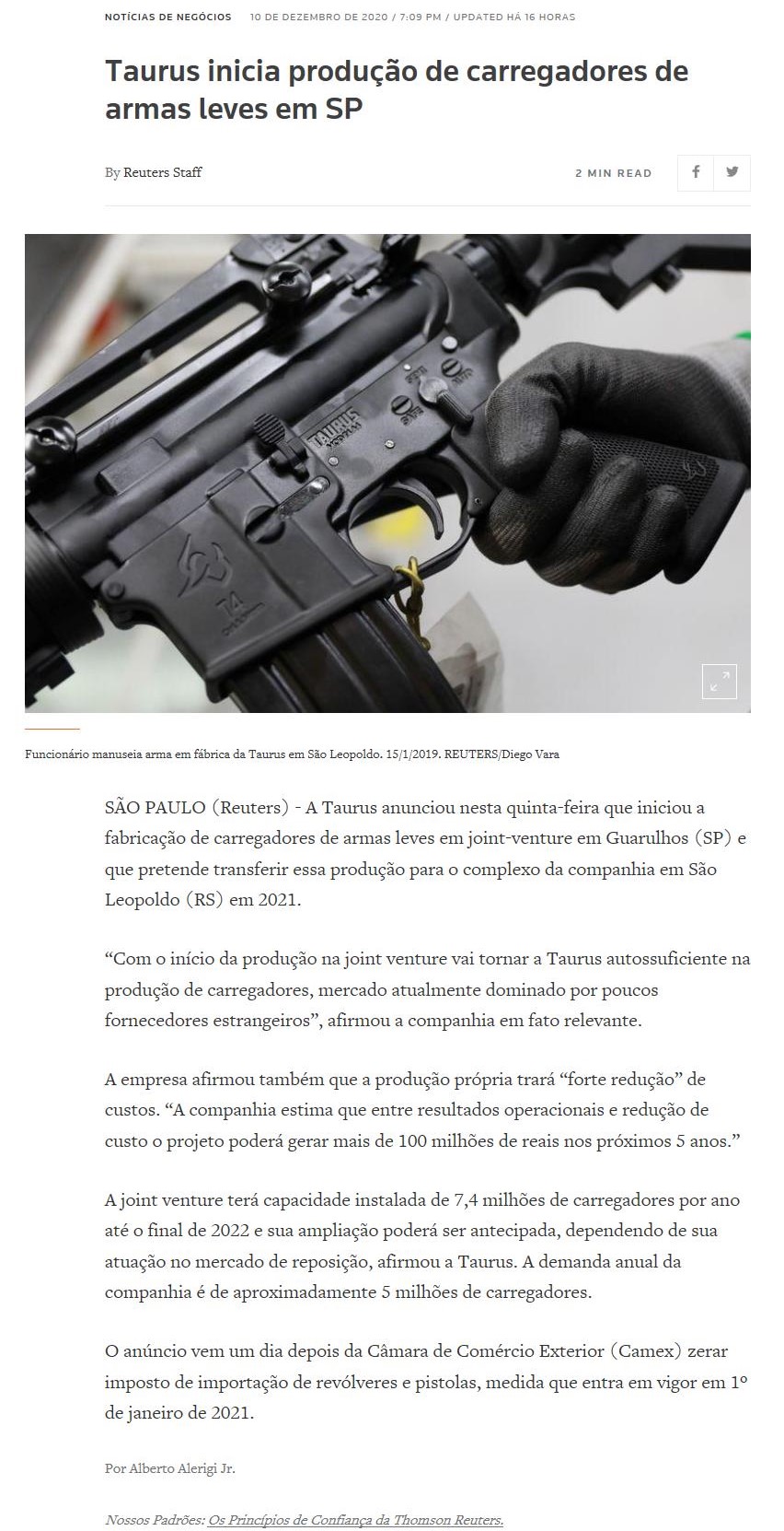 TAURUS INICIA PRODUçãO DE CARREGADORES DE ARMAS LEVES EM SP