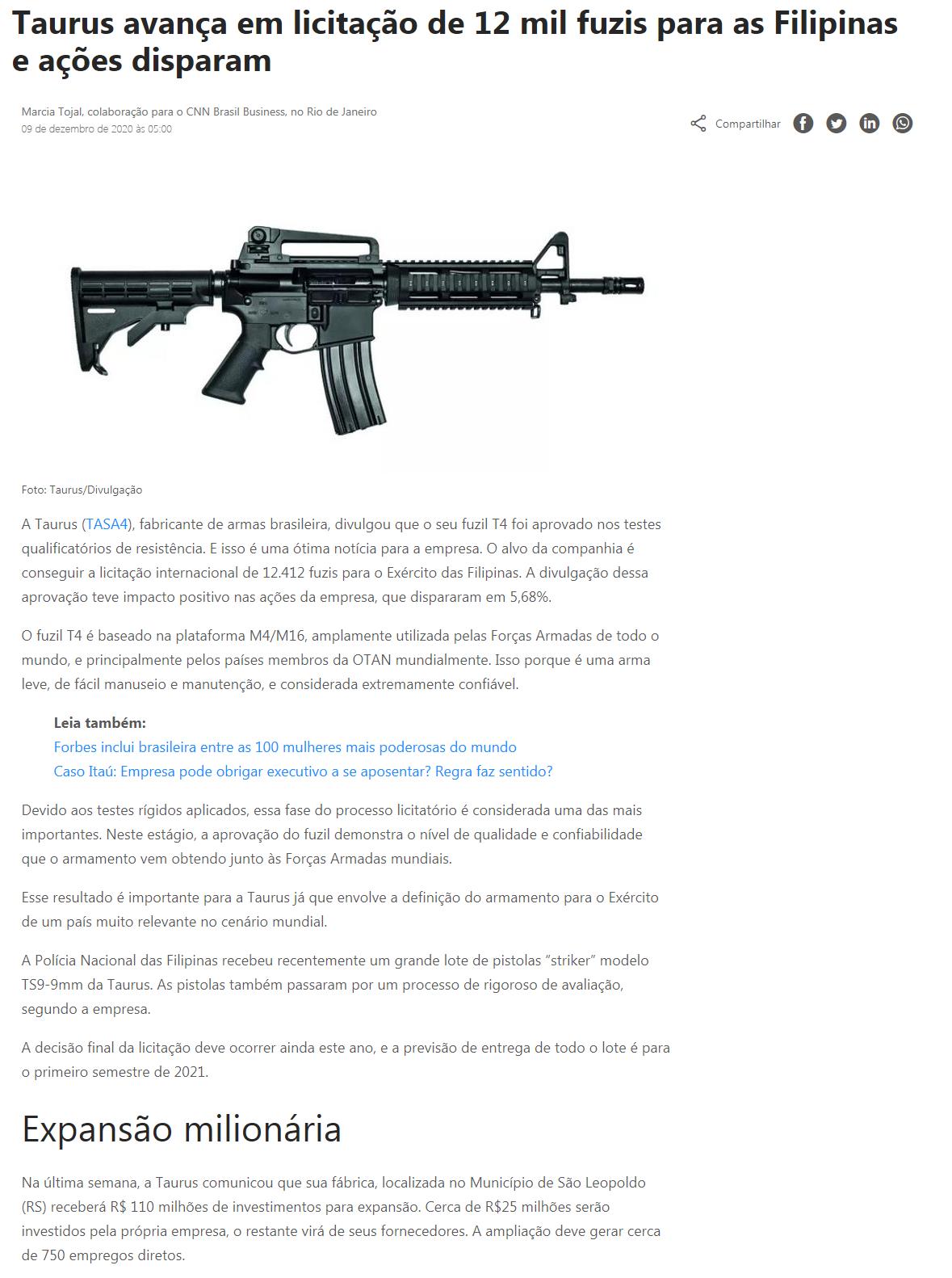 TAURUS AVANçA EM LICITAçãO DE 12 MIL FUZIS PARA AS FILIPINAS E AçõES DISPARAM