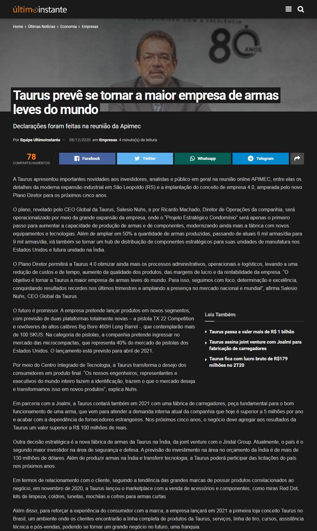 TAURUS PREVê SE TORNAR A MAIOR EMPRESA DE ARMAS LEVES DO MUNDO