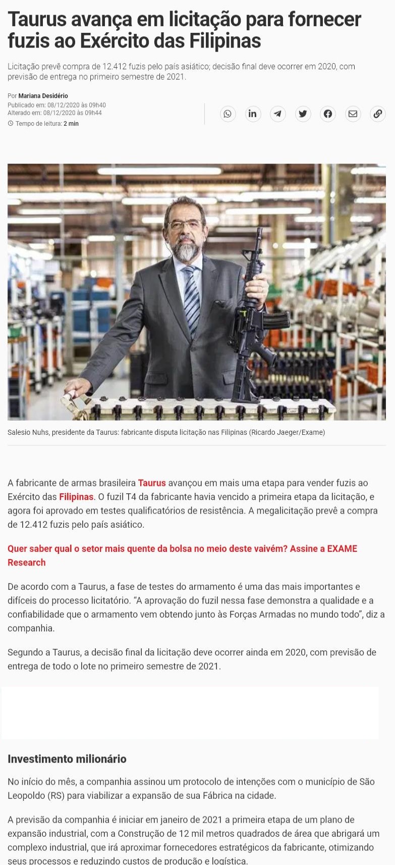 TAURUS AVANçA EM LICITAçãO PARA FORNECER FUZIS AO EXéRCITO DAS FILIPINAS