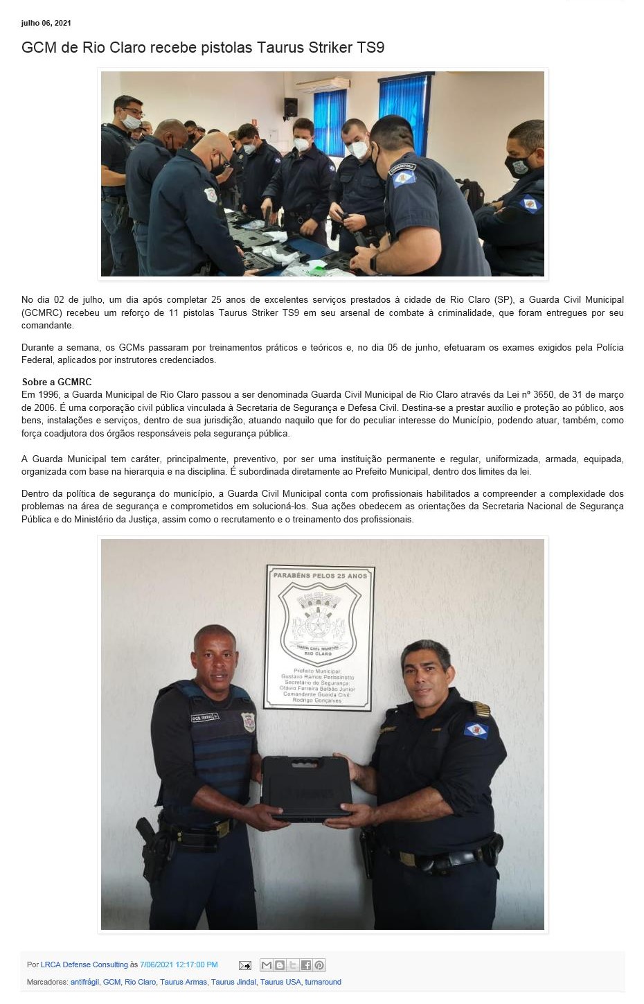 GCM DE RIO CLARO RECEBE PISTOLAS TAURUS STRIKER TS9