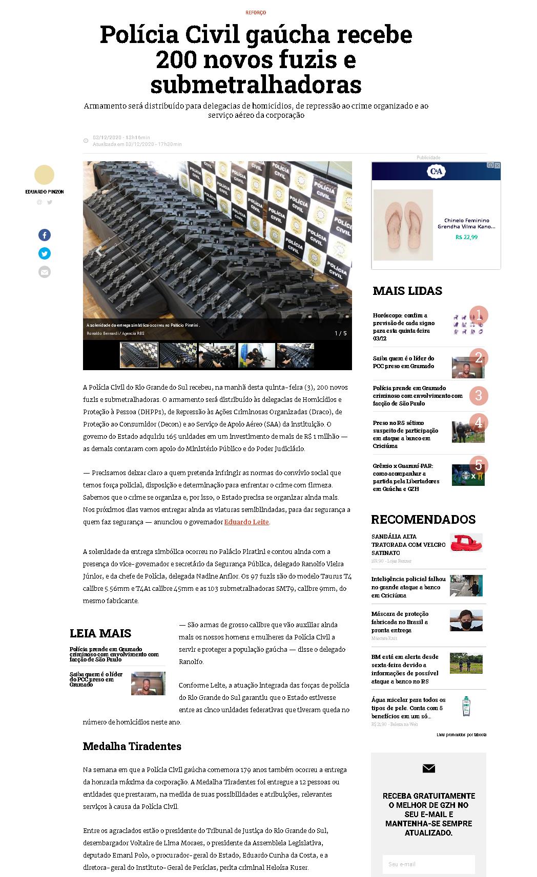 POLíCIA CIVIL GAúCHA RECEBE 200 NOVOS FUZIS E SUBMETRALHADORAS