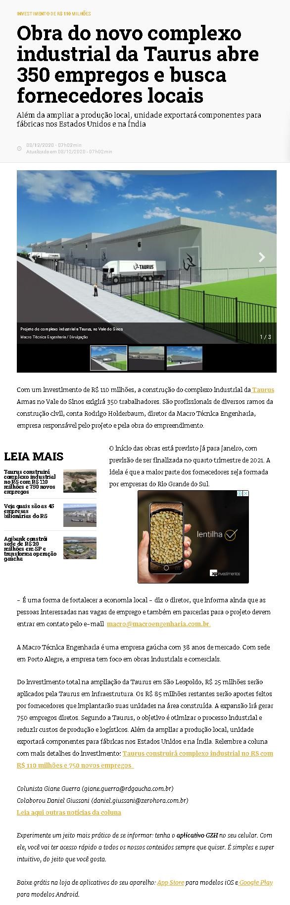 OBRA DO NOVO COMPLEXO INDUSTRIAL DA TAURUS ABRE 350 EMPREGOS E BUSCA FORNECEDORES LOCAIS