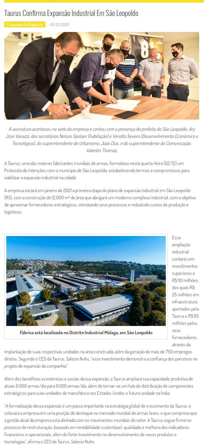 TAURUS CONFIRMA EXPANSãO INDUSTRIAL EM SãO LEOPOLDO