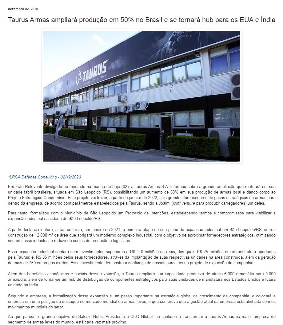 TAURUS ARMAS AMPLIARá PRODUçãO EM 50% NO BRASIL E SE TORNARá HUB PARA OS EUA E ÍNDIA