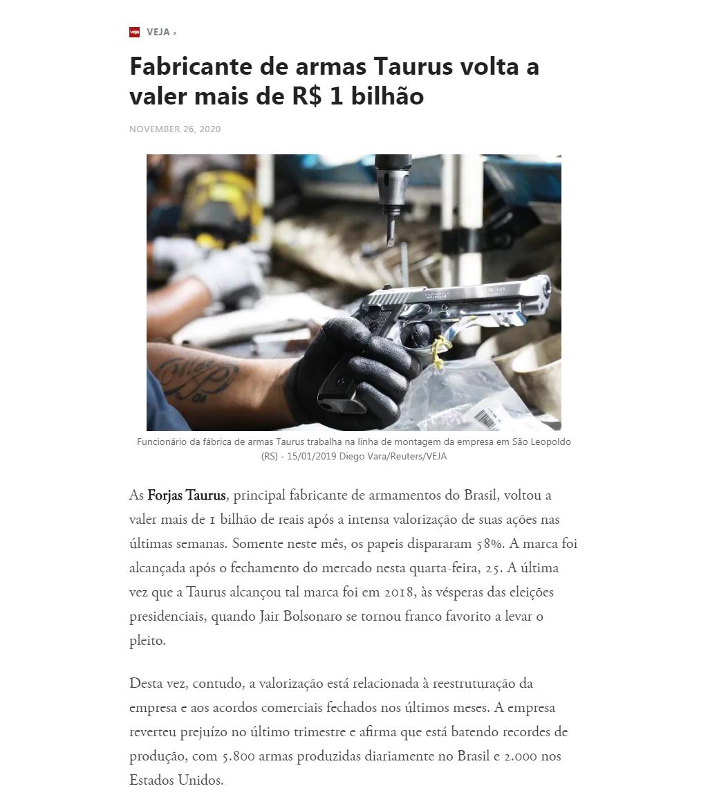 FABRICANTE DE ARMAS TAURUS VOLTA A VALER MAIS DE R$ 1 BILHãO