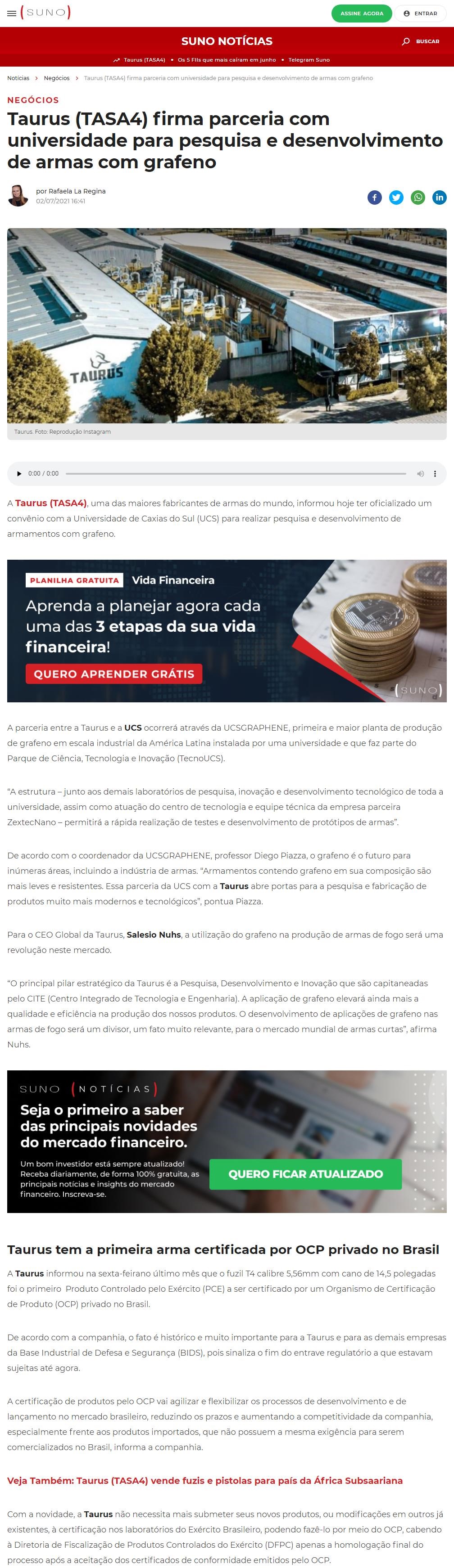 TAURUS (TASA4) FIRMA PARCERIA COM UNIVERSIDADE PARA PESQUISA E DESENVOLVIMENTO DE ARMAS COM GRAFENO