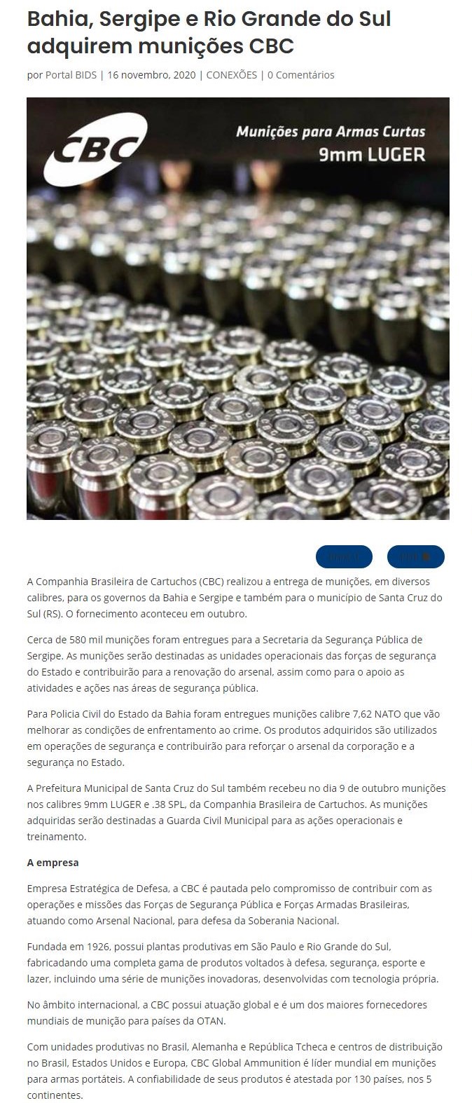 BAHIA, SERGIPE E RIO GRANDE DO SUL ADQUIREM MUNIçõES CBC