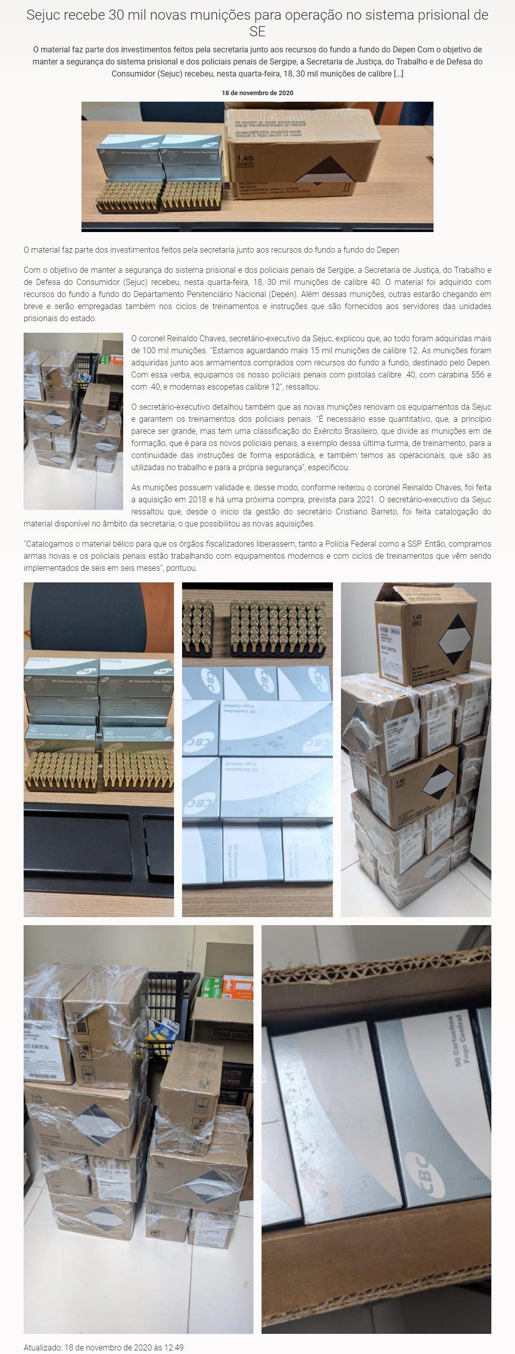 SEJUC RECEBE 30 MIL NOVAS MUNIçõES PARA OPERAçãO NO SISTEMA PRISIONAL DE SE