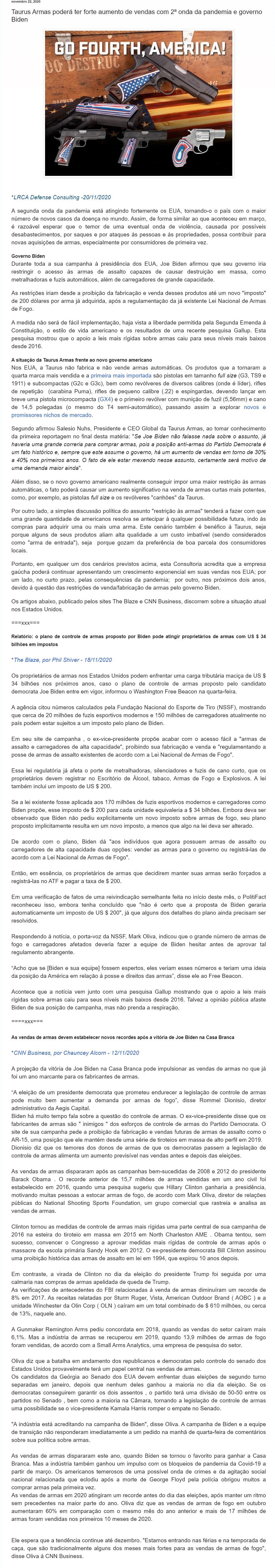 TAURUS ARMAS PODERá TER FORTE AUMENTO DE VENDAS COM 2ª ONDA DA PANDEMIA E GOVERNO BIDEN
