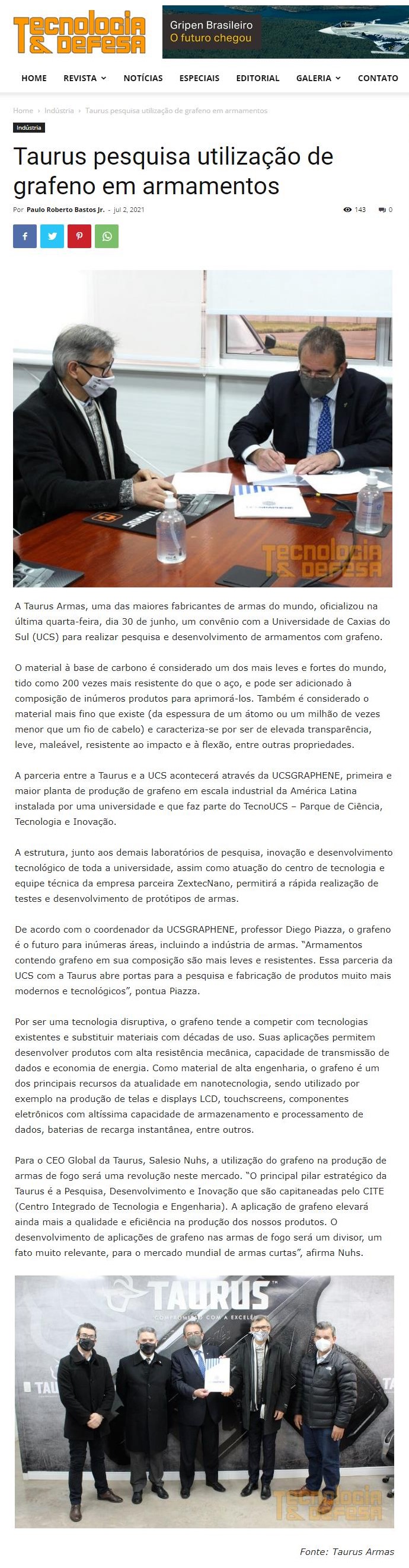 TAURUS PESQUISA UTILIZAçãO DE GRAFENO EM ARMAMENTOS
