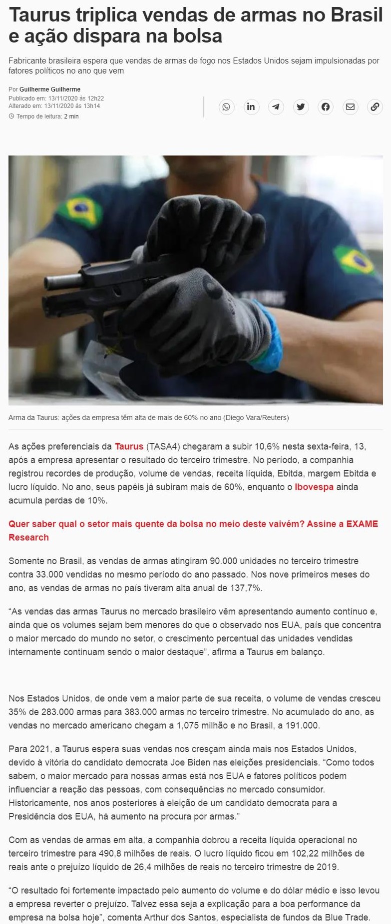 TAURUS TRIPLICA VENDAS DE ARMAS NO BRASIL E AçãO DISPARA NA BOLSA