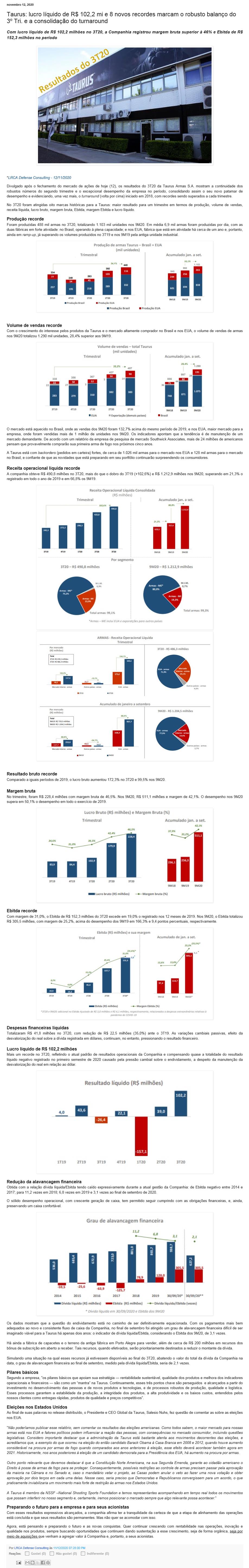 TAURUS: LUCRO LíQUIDO DE R$ 102,2 MI E 8 NOVOS RECORDES MARCAM O ROBUSTO BALANçO DO 3º TRI. E A CONSOLIDAçãO DO TURNAROUND