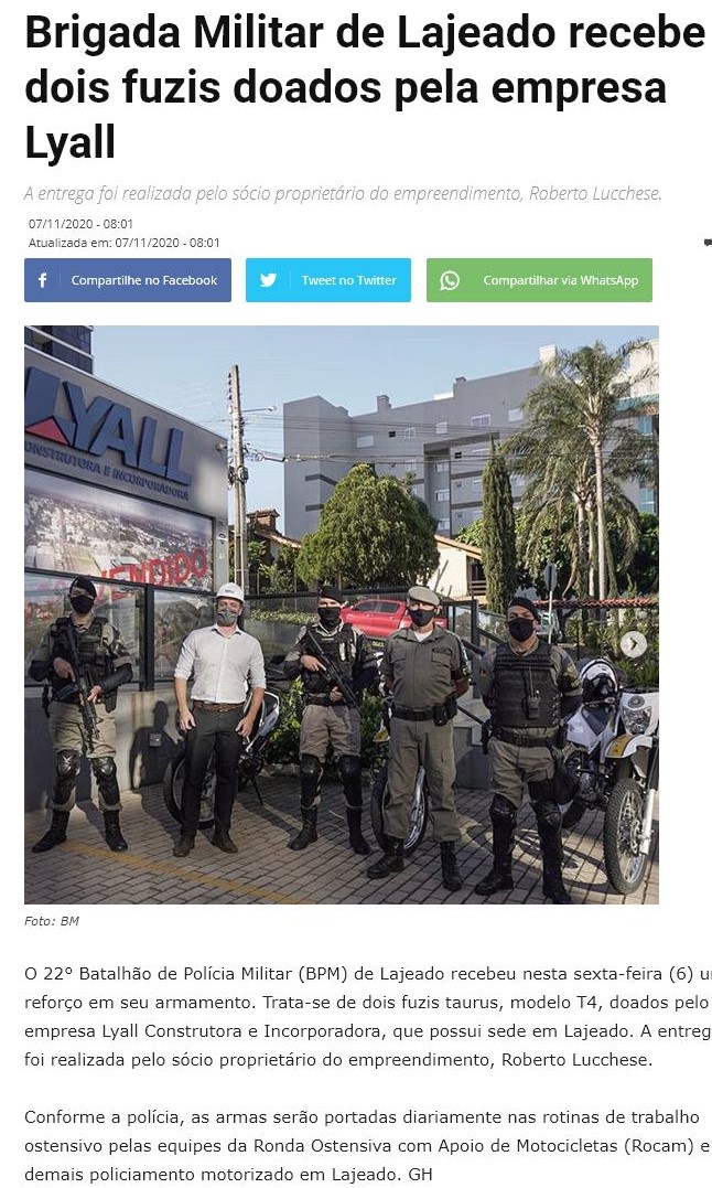 BRIGADA MILITAR DE LAJEADO RECEBE DOIS FUZIS DOADOS PELA EMPRESA LYALL
