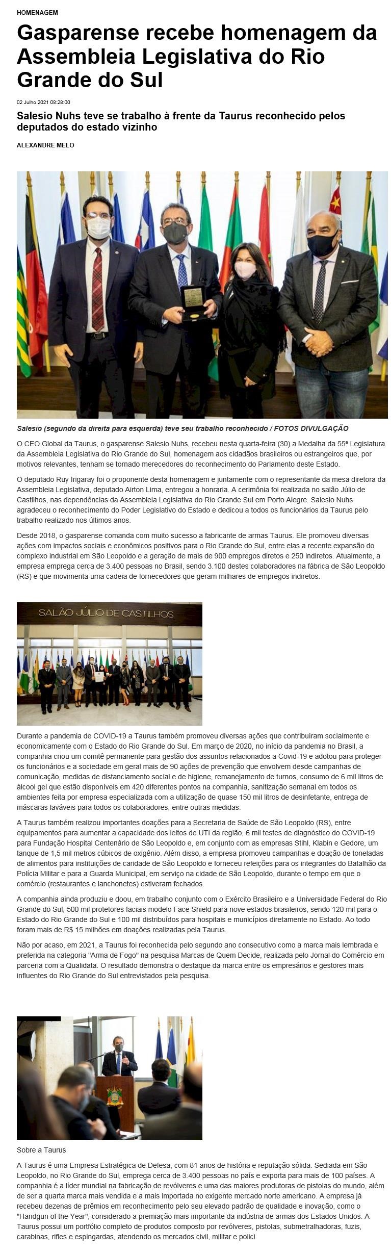 GASPARENSE RECEBE HOMENAGEM DA ASSEMBLEIA LEGISLATIVA DO RIO GRANDE DO SUL