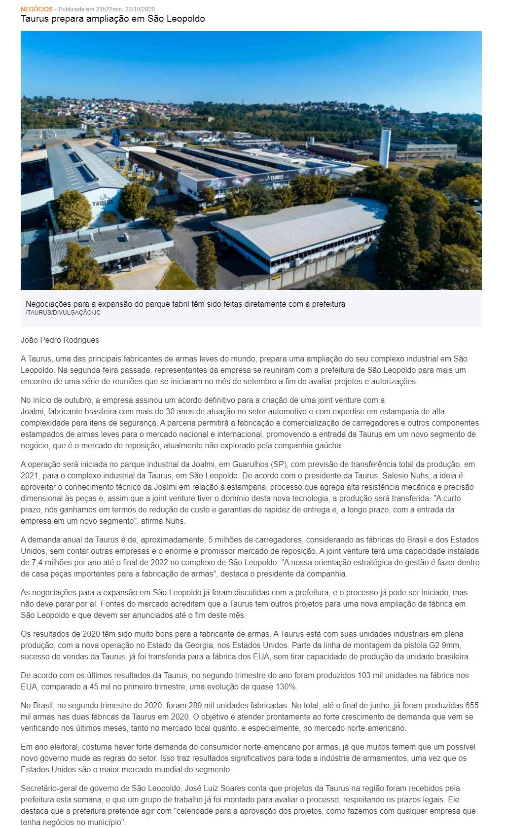 TAURUS PREPARA AMPLIAçãO EM SãO LEOPOLDO