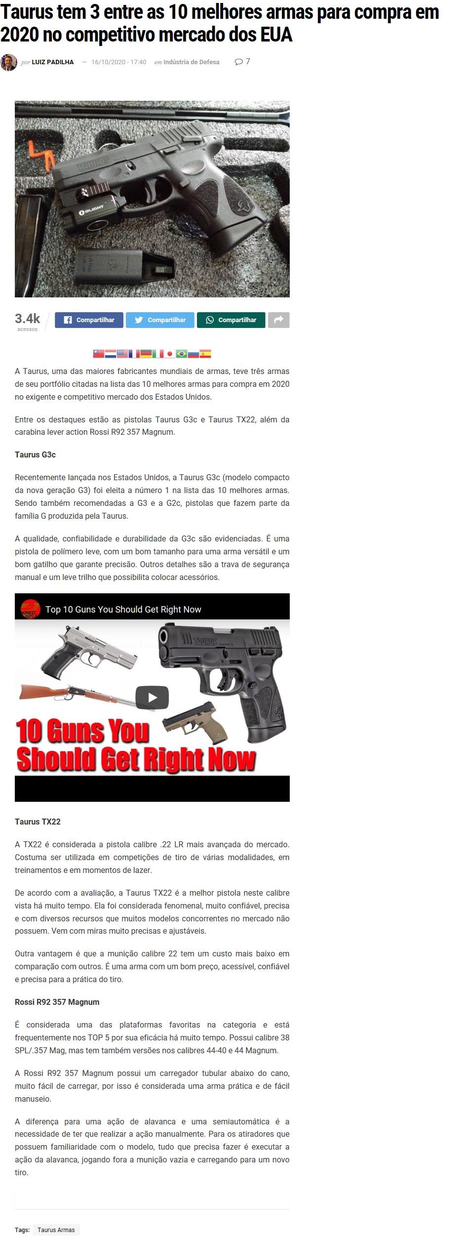 TAURUS TEM 3 ENTRE AS 10 MELHORES ARMAS PARA COMPRA EM 2020 NO COMPETITIVO MERCADO DOS EUA