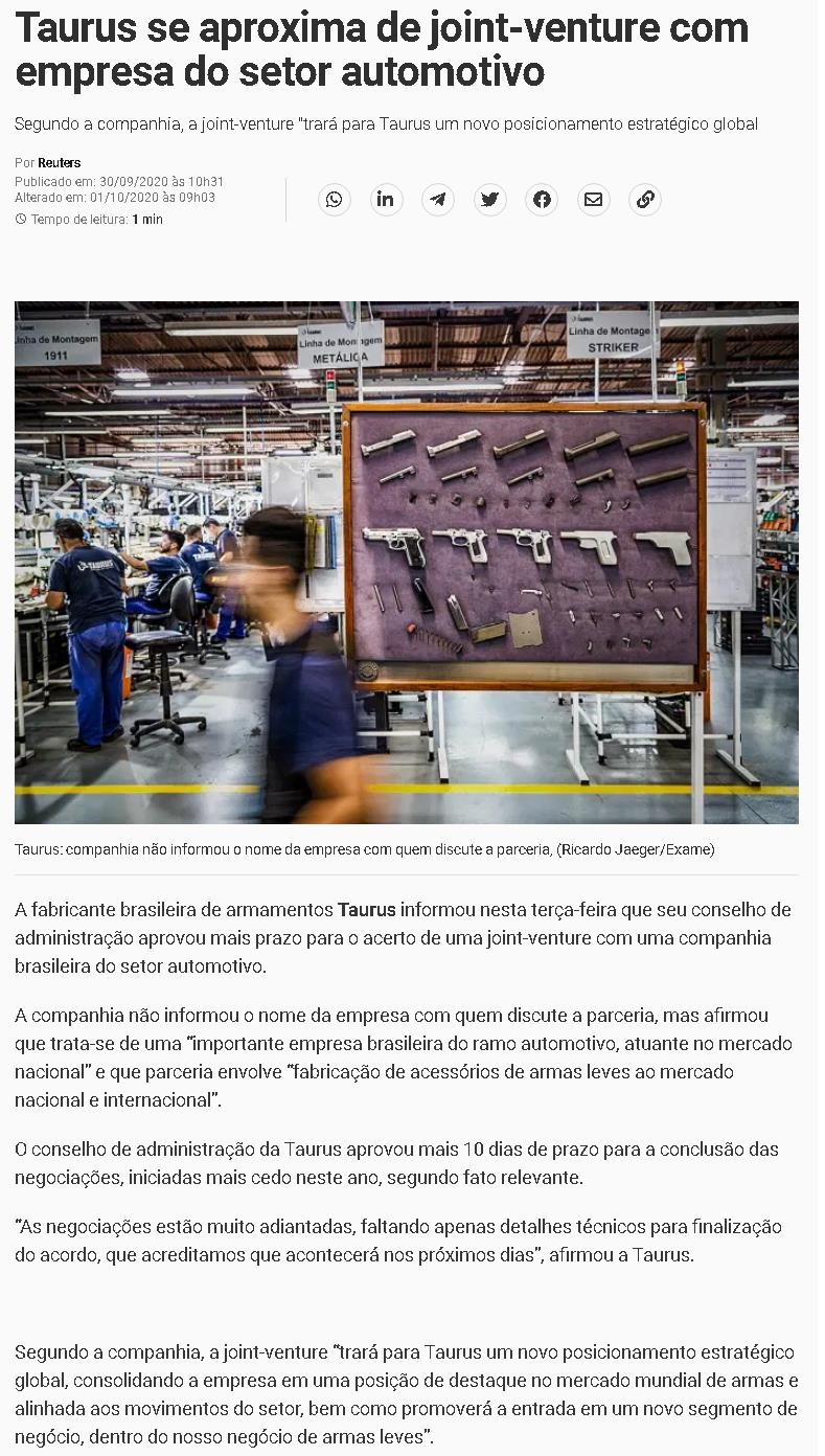 TAURUS SE APROXIMA DE JOINT-VENTURE COM EMPRESA DO SETOR AUTOMOTIVO