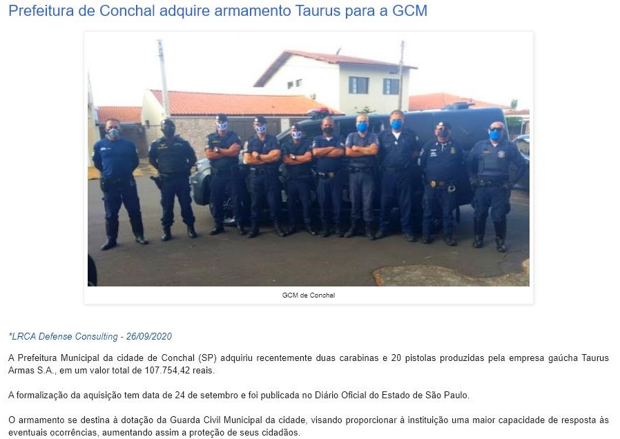 PREFEITURA DE CONCHAL ADQUIRE ARMAMENTO TAURUS PARA A GCM