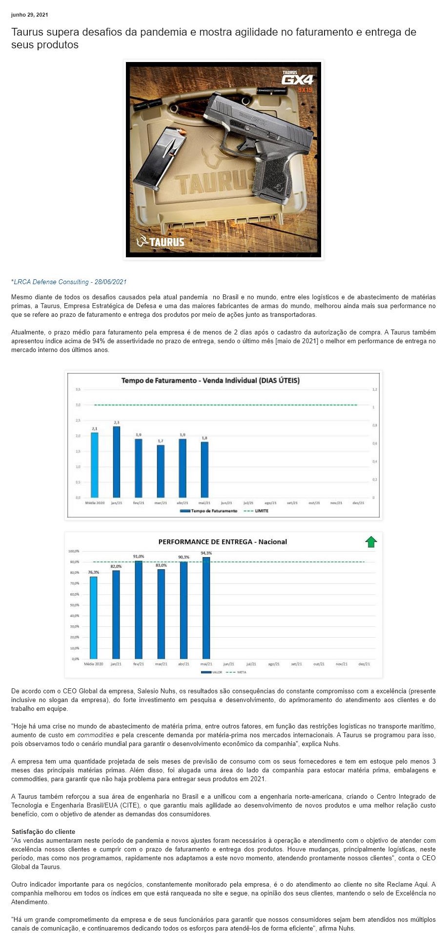 TAURUS SUPERA DESAFIOS DA PANDEMIA E MOSTRA AGILIDADE NO FATURAMENTO E ENTREGA DE SEUS PRODUTOS