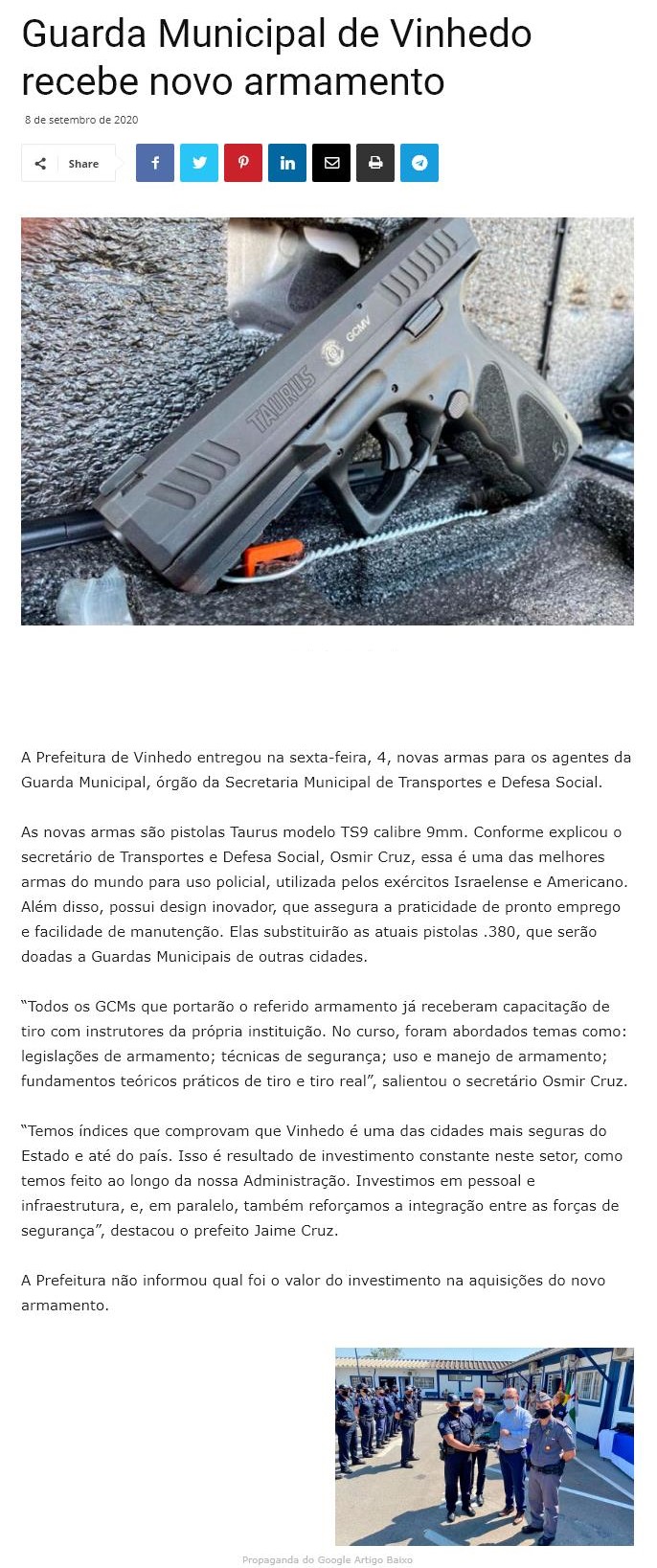 GUARDA MUNICIPAL DE VINHEDO RECEBE NOVO ARMAMENTO
