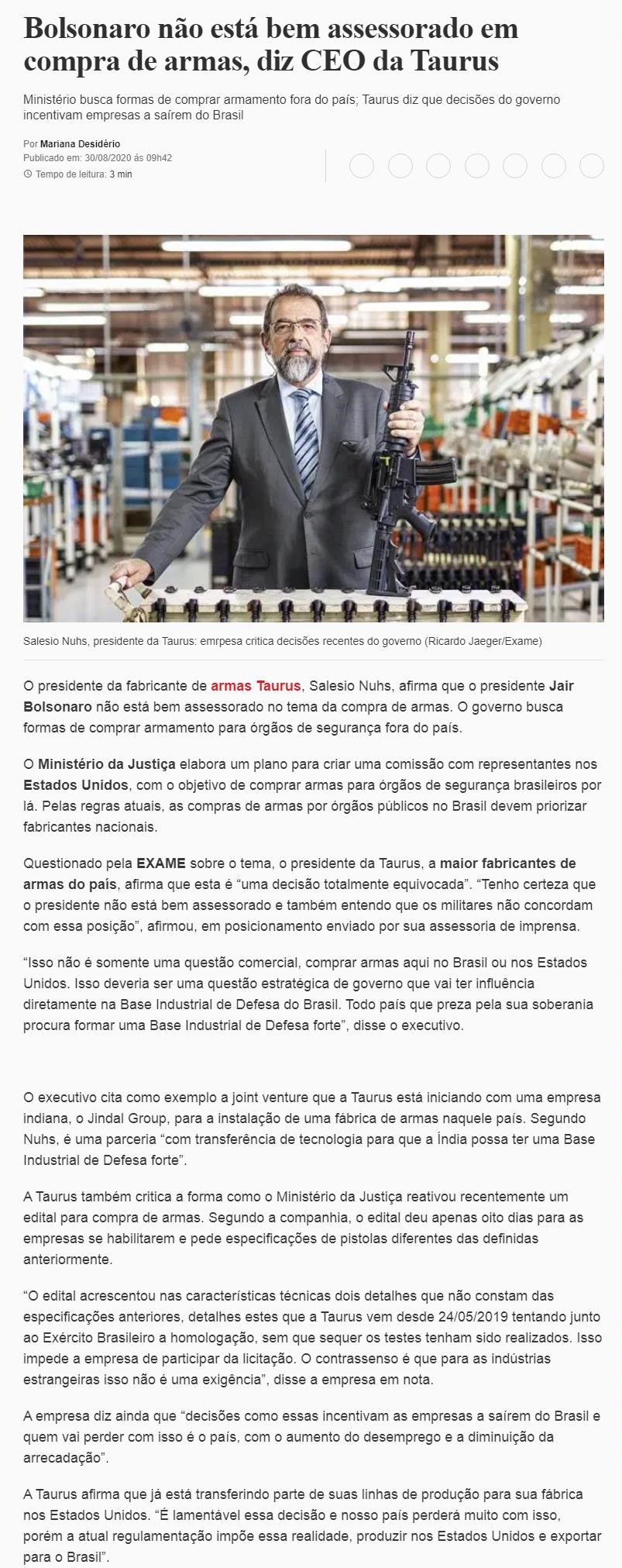 BOLSONARO NãO ESTá BEM ASSESSORADO EM COMPRA DE ARMAS, DIZ CEO DA TAURUS