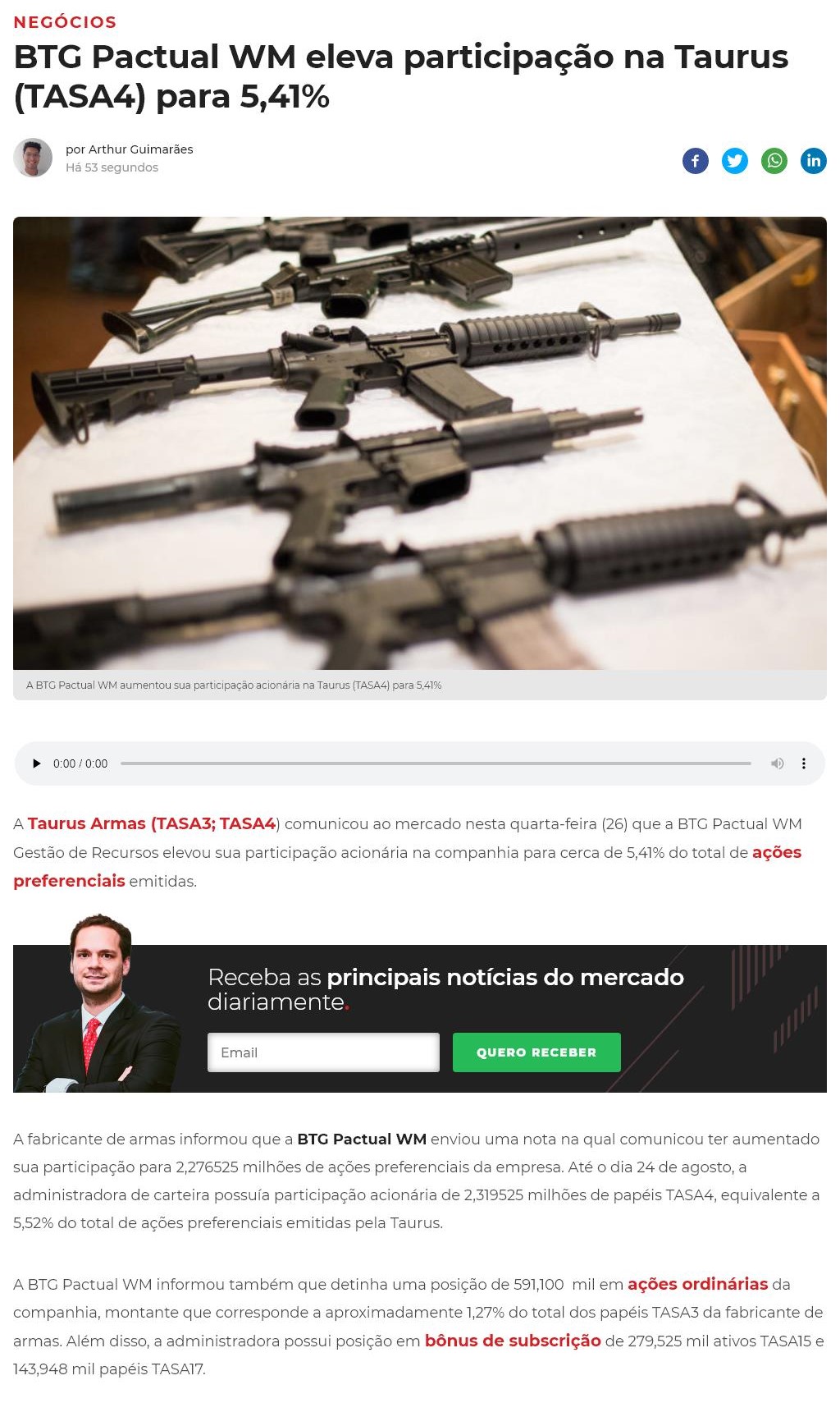 BTG PACTUAL WM ELEVA PARTICIPAçãO NA TAURUS (TASA4) PARA 5,41%
