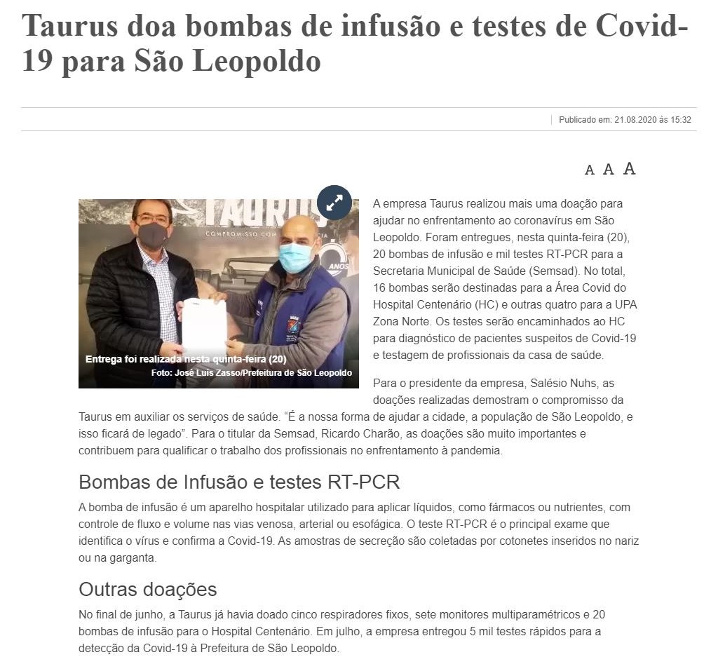 TAURUS DOA BOMBAS DE INFUSãO E TESTES DE COVID-19 PARA SãO LEOPOLDO - ESPECIAL CORONAVíRUS