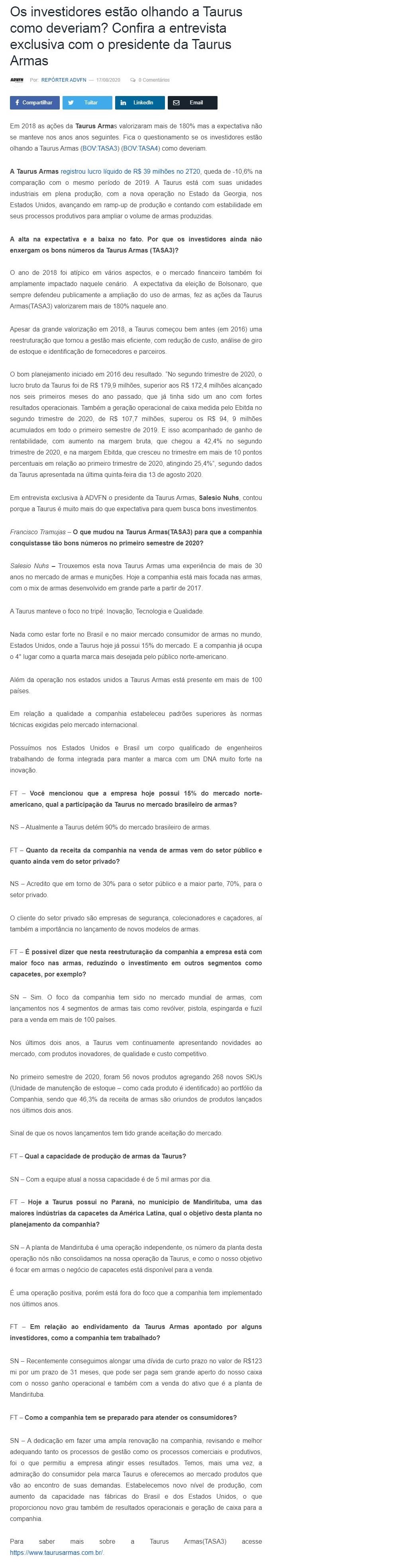 OS INVESTIDORES ESTãO OLHANDO A TAURUS COMO DEVERIAM? CONFIRA A ENTREVISTA EXCLUSIVA COM O PRESIDENTE DA TAURUS ARMAS