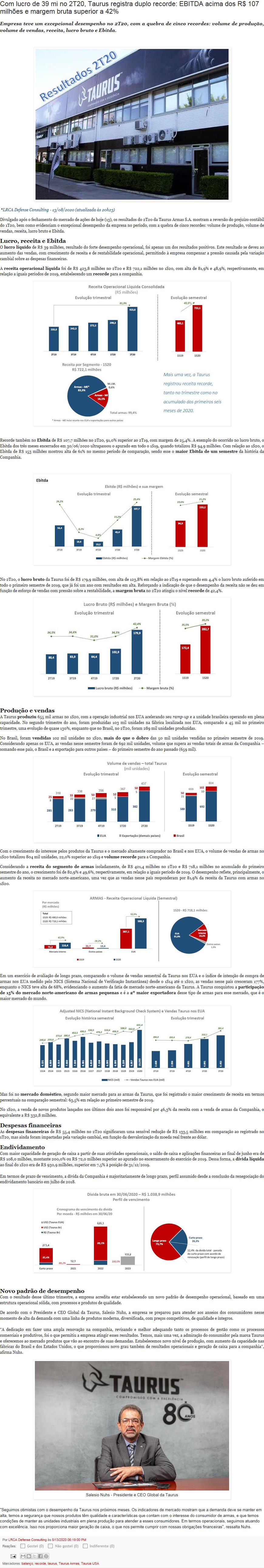 COM LUCRO DE 39 MI NO 2T20, TAURUS REGISTRA DUPLO RECORDE: EBITDA ACIMA DOS R$ 107 MILHõES E MARGEM BRUTA SUPERIOR A 42%