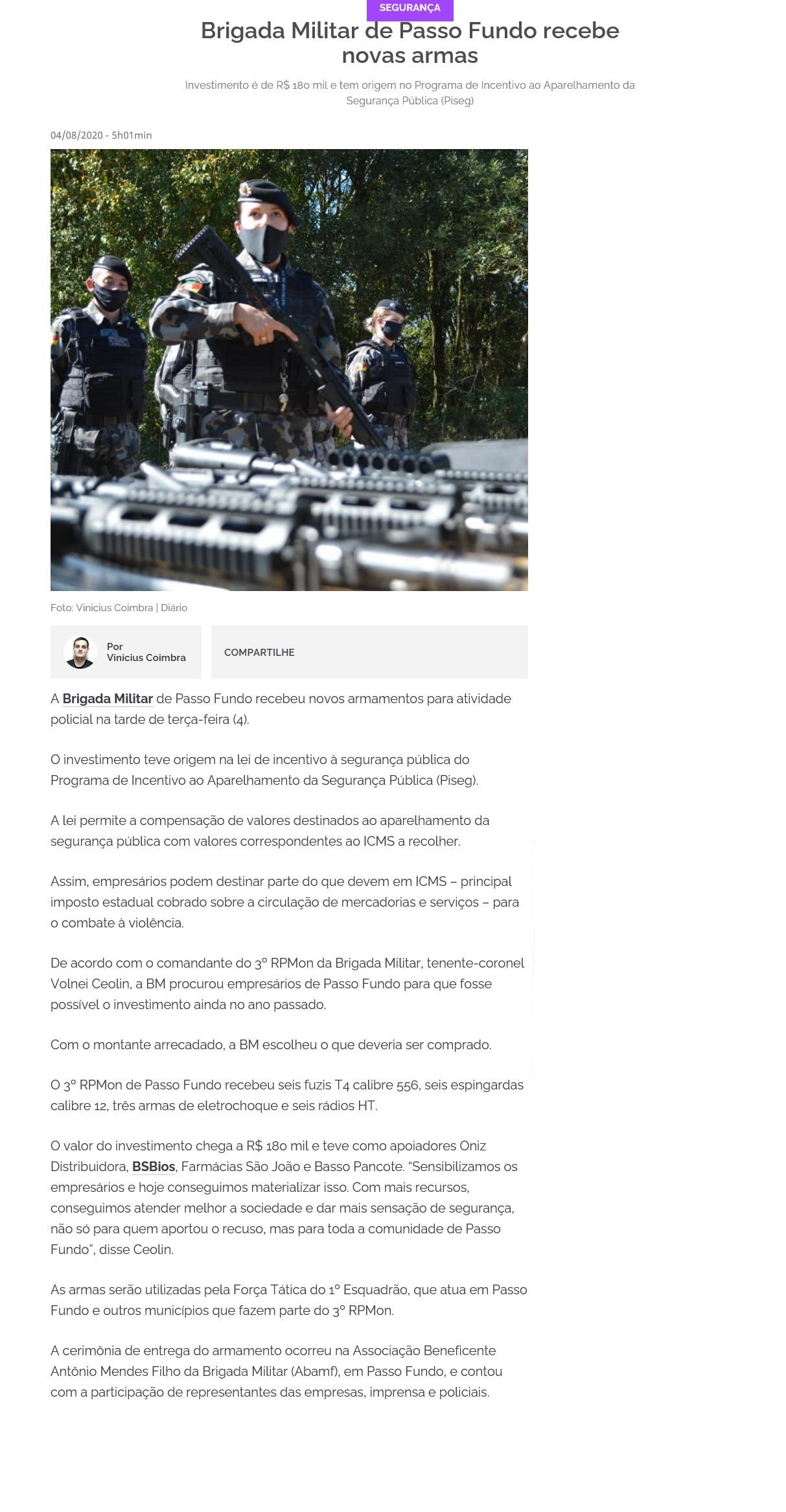 BRIGADA MILITAR DE PASSO FUNDO RECEBE NOVAS ARMAS