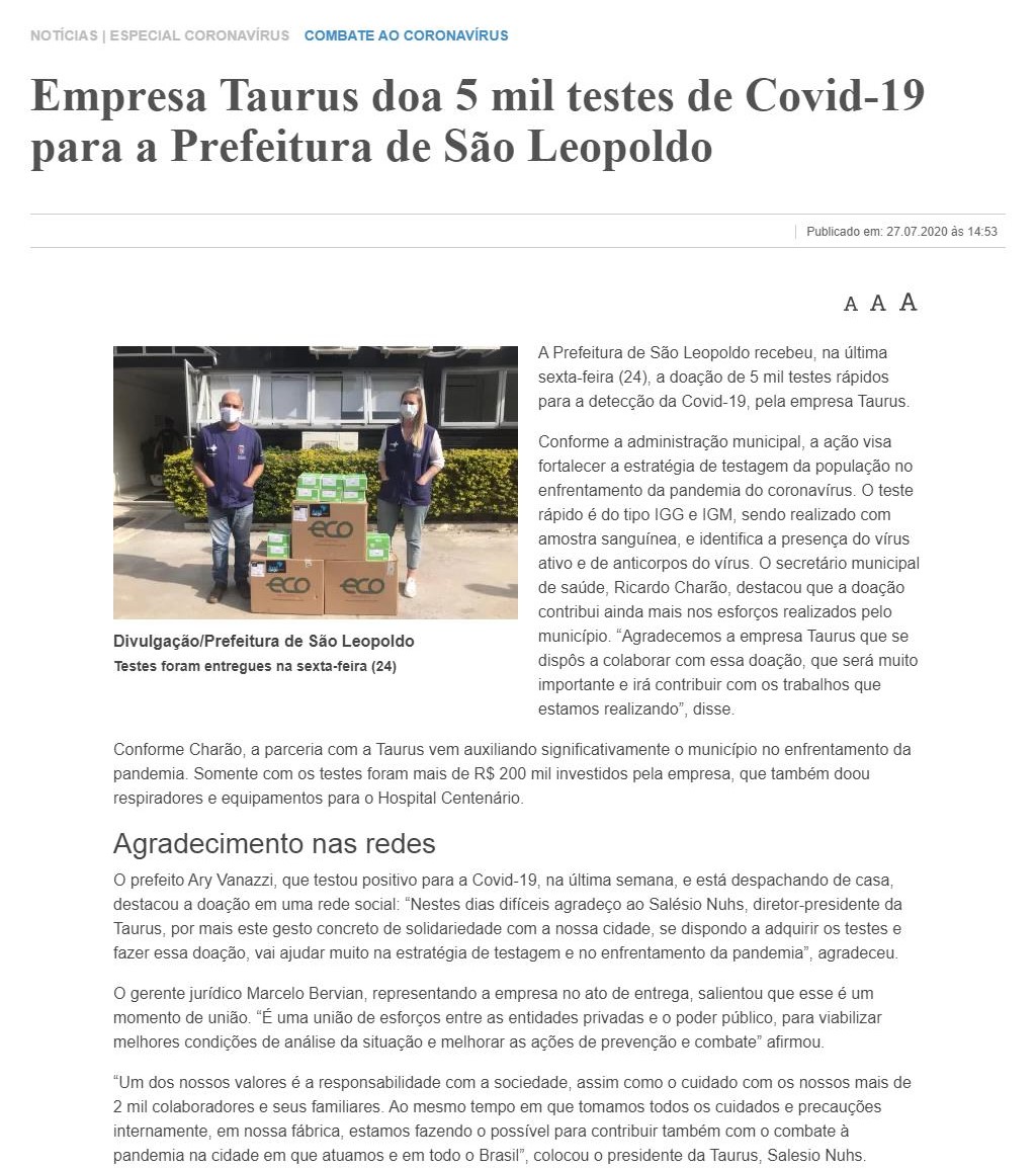 EMPRESA TAURUS DOA 5 MIL TESTES DE COVID-19 PARA A PREFEITURA DE SãO LEOPOLDO - ESPECIAL CORONAVíRUS