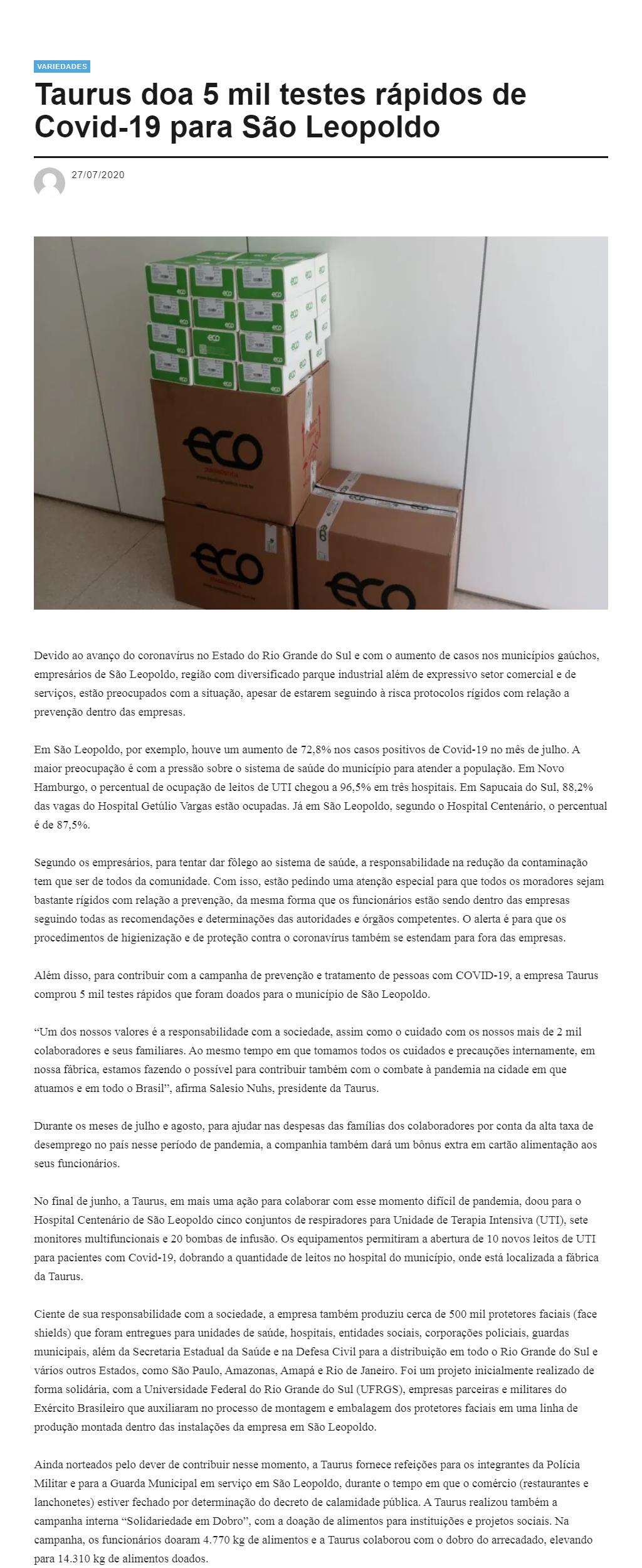 TAURUS DOA 5 MIL TESTES RáPIDOS DE COVID-19 PARA SãO LEOPOLDO