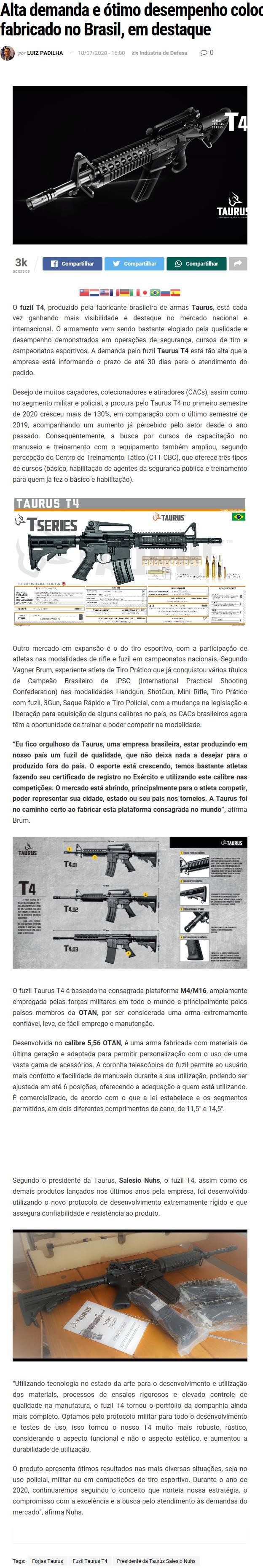ALTA DEMANDA E óTIMO DESEMPENHO COLOCAM FUZIL TAURUS T4, FABRICADO NO BRASIL, EM DESTAQUE
