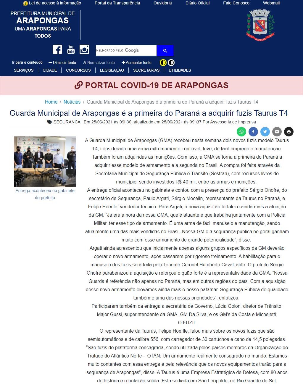 GUARDA MUNICIPAL DE ARAPONGAS é A PRIMEIRA DO PARANá A ADQUIRIR FUZIS TAURUS T4