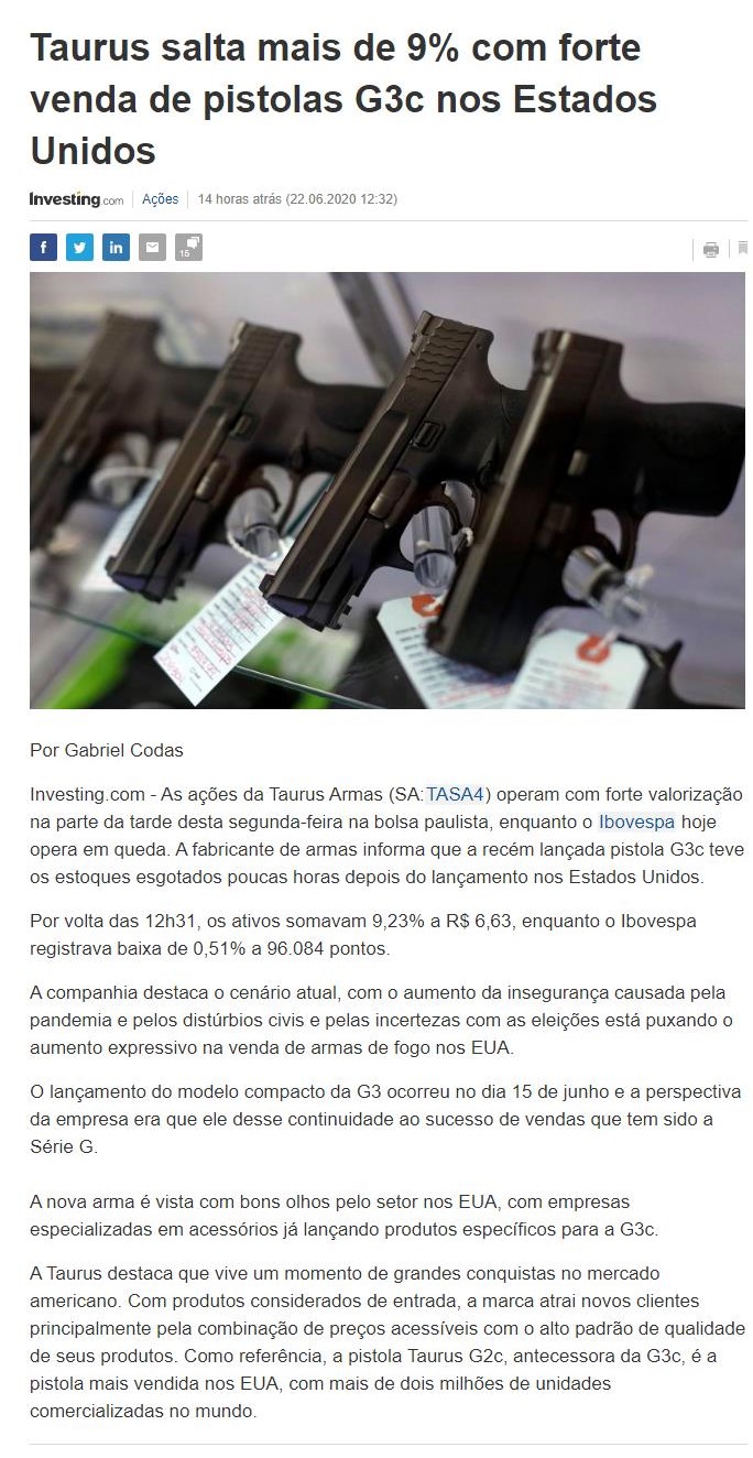 TAURUS SALTA MAIS DE 9% COM FORTE VENDA DE PISTOLAS G3C NOS ESTADOS UNIDOS