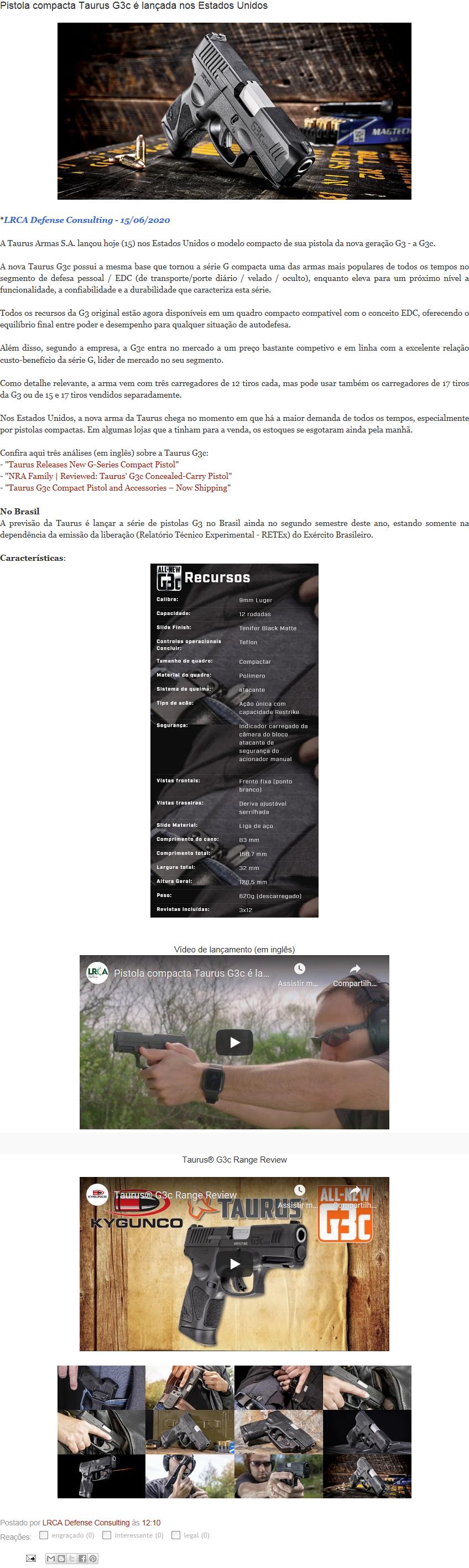 PISTOLA COMPACTA TAURUS G3C é LANçADA NOS ESTADOS UNIDOS